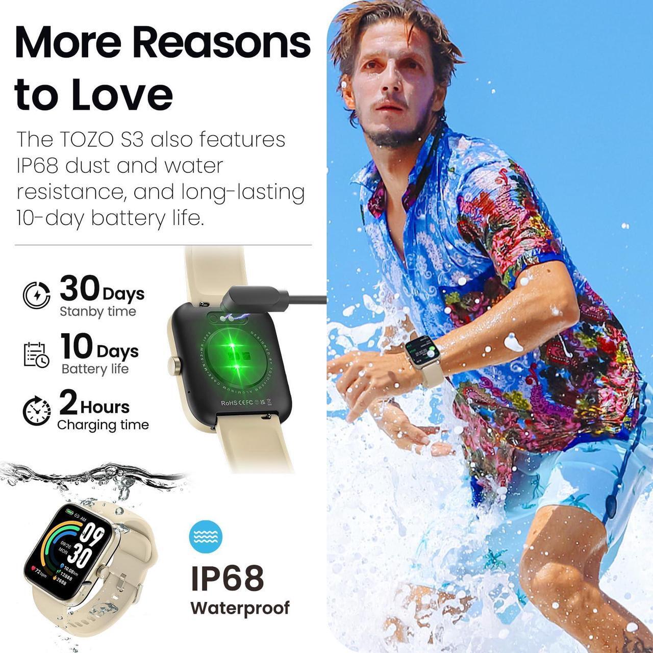 Alt view image 6 of 6 - TOZO S3 Smart Watch Bluetooth 5.3 Answer/Make Call, 1.83-inch Touch Screen, Heart Rate/Blood Oxygen/Sleep Monitor Fitness Tracker, IP68 Waterproof Smartwatch Compatible with iPhone & Android, Gold