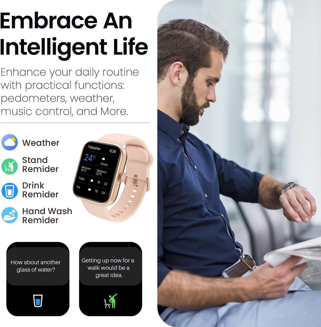 Alt view image 6 of 7 - TOZO S3 Smart Watch Answer/Make Call, 1.83-inch Touch Screen, Heart Rate/Blood Oxygen/Sleep Monitor Fitness Tracker, IP68 Waterproof Smartwatch Compatible with iPhone & Android, Rose Gold