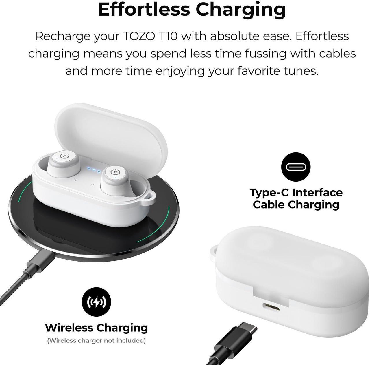 Alt view image 6 of 7 - TOZO T10 Wireless Earbuds Bluetooth 5.3 in-Ear Headphones, Ergonomic Design, App Customize EQ, 55H Playtime, Powerful Sound Headset IPX8 Waterproof, White