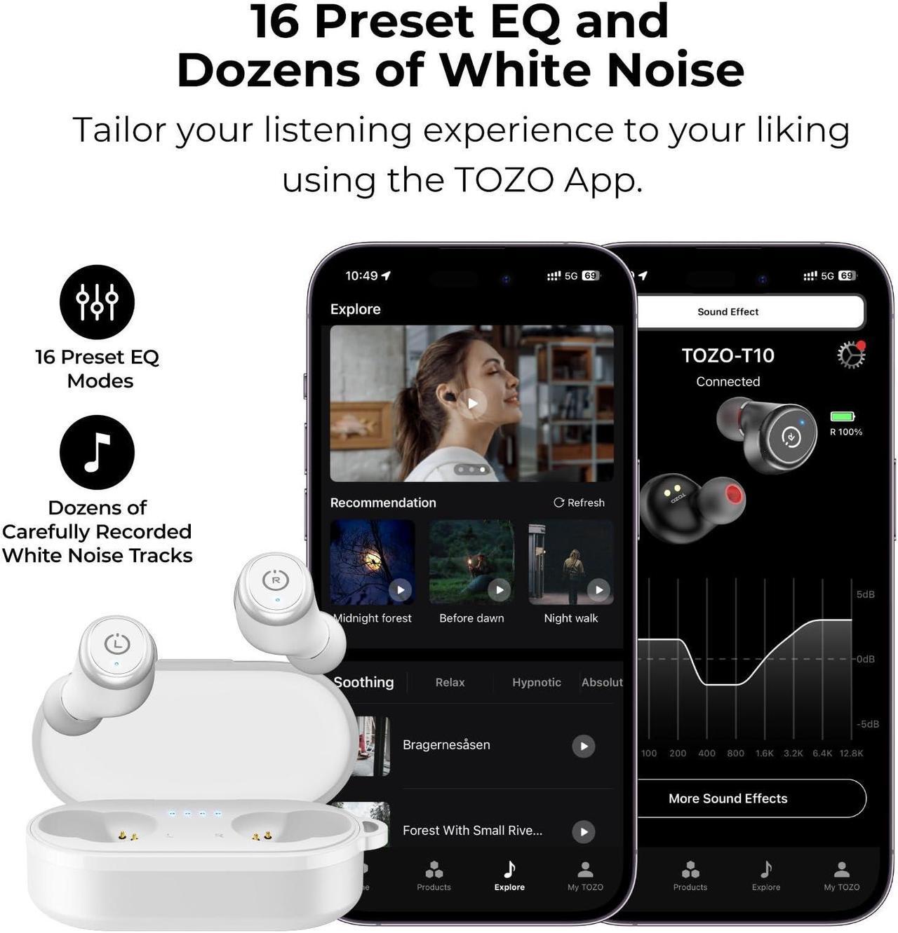 Alt view image 5 of 7 - TOZO T10 Wireless Earbuds Bluetooth 5.3 in-Ear Headphones, Ergonomic Design, App Customize EQ, 55H Playtime, Powerful Sound Headset IPX8 Waterproof, White