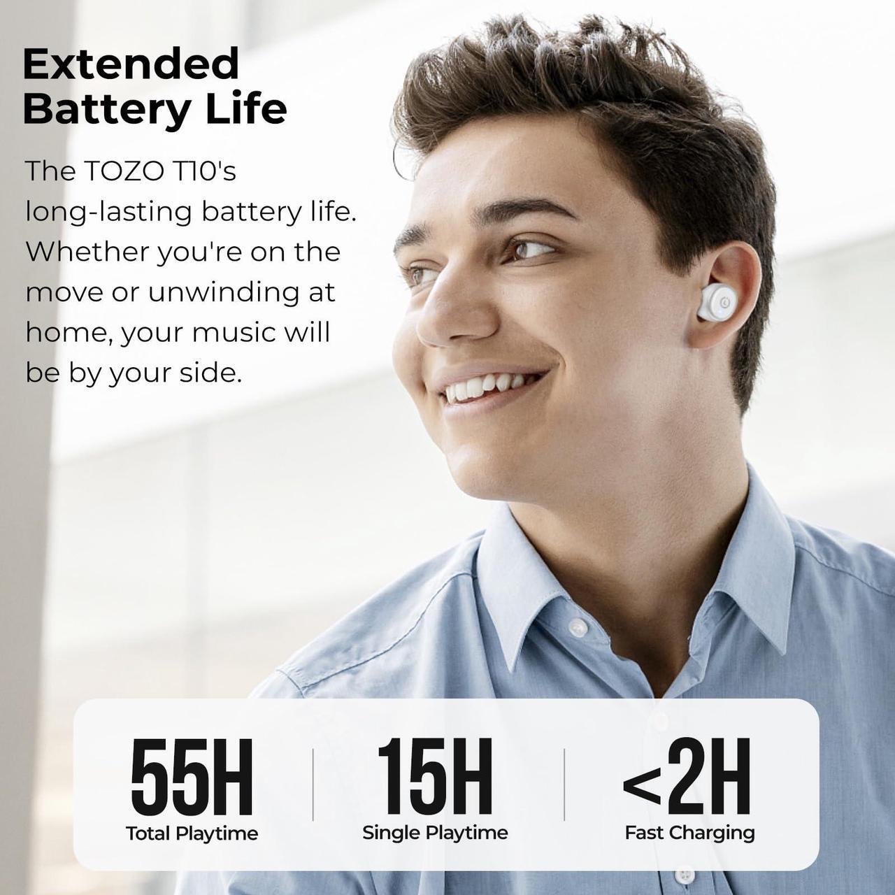 Alt view image 2 of 7 - TOZO T10 Wireless Earbuds Bluetooth 5.3 in-Ear Headphones, Ergonomic Design, App Customize EQ, 55H Playtime, Powerful Sound Headset IPX8 Waterproof, White