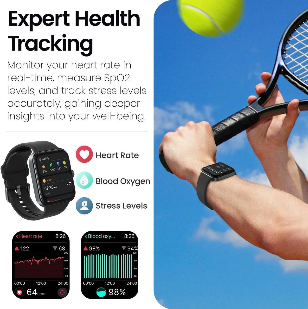 Alt view image 4 of 7 - TOZO S4 Smart Watch 1.78" AMOLED Touch Screen Fitness Tracker IP68 Waterproof, Heart Rate/Sleep/Blood Oxygen Monitor Sport Smartwatch for ios Android, Black