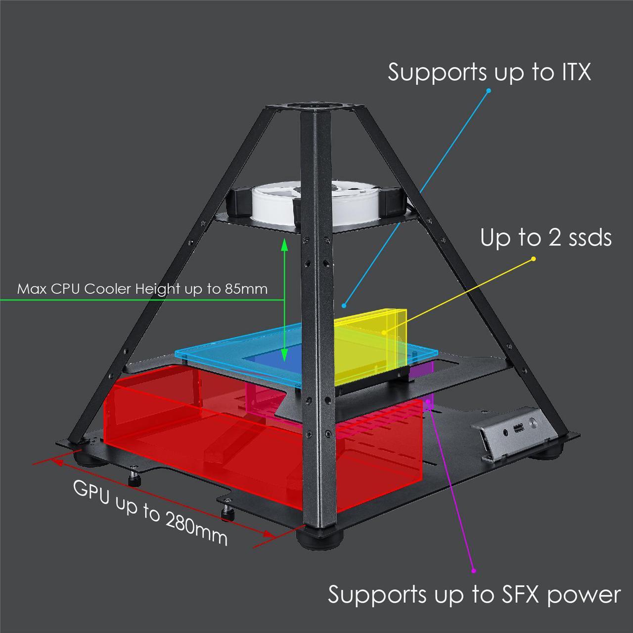 Alt view image 5 of 6 - AZZA PYRAMID Mini 806 /  CNC Mini-ITX Case  / 4-Side Tempered Glass / Silver / Aluminum Frame / 1 x 120mm ARGB fan included
