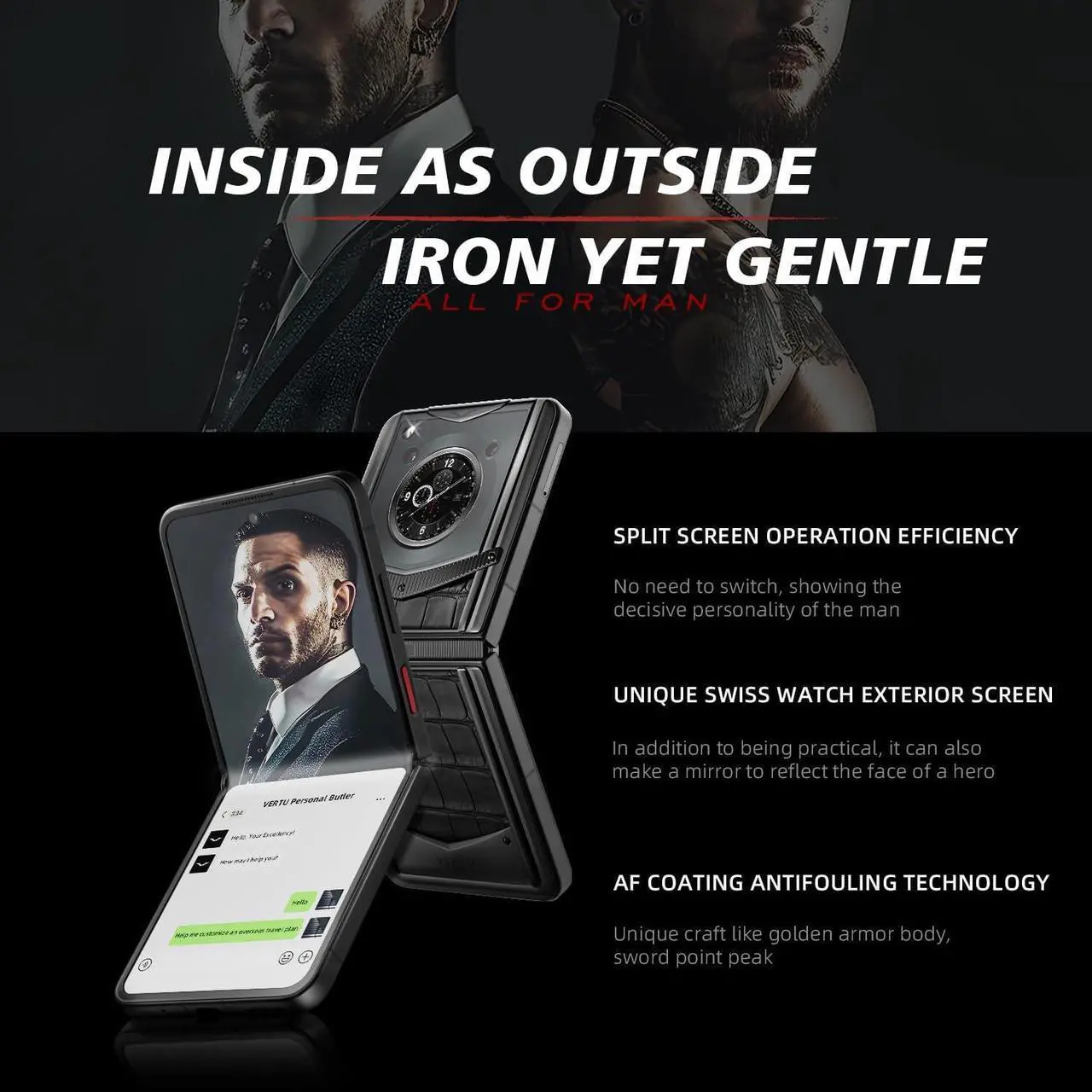 Alt view image 3 of 6 - VERTU IRONFLIP Alligator Skin Flip Cell Phone, Unlocked Android 5G Smartphone, Foldable Design, One-Hand Control, 50MP Camera, 12G+512G, Dual SIM, 6.9" 120Hz OLED, 65W Fast Charge (Basalt Black)