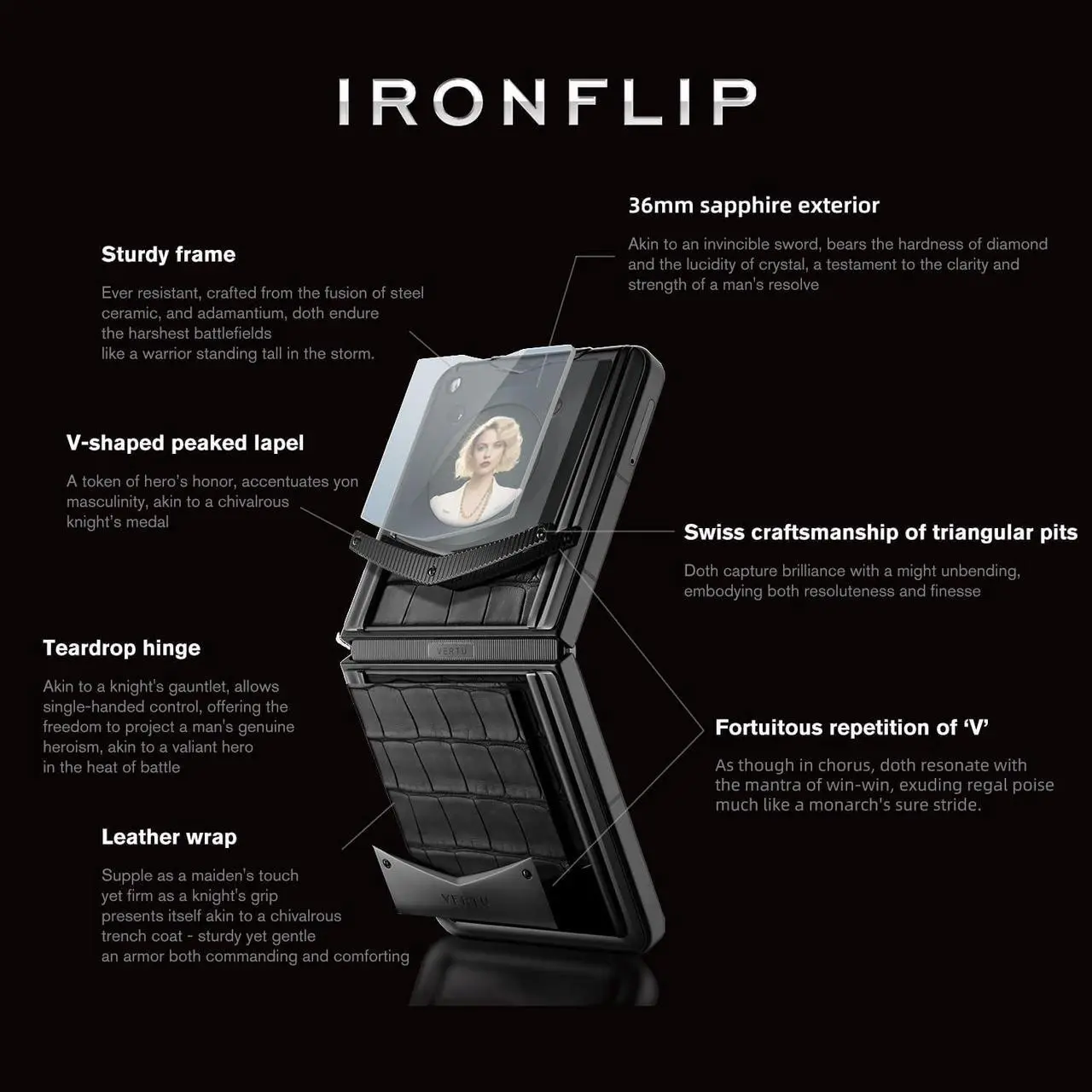Alt view image 6 of 6 - VERTU IRONFLIP Alligator Skin Flip Cell Phone, Unlocked Android 5G Smartphone, Foldable Design, One-Hand Control, 50MP Camera, 12G+512G, Dual SIM, 6.9" 120Hz OLED, 65W Fast Charge (Basalt Black)