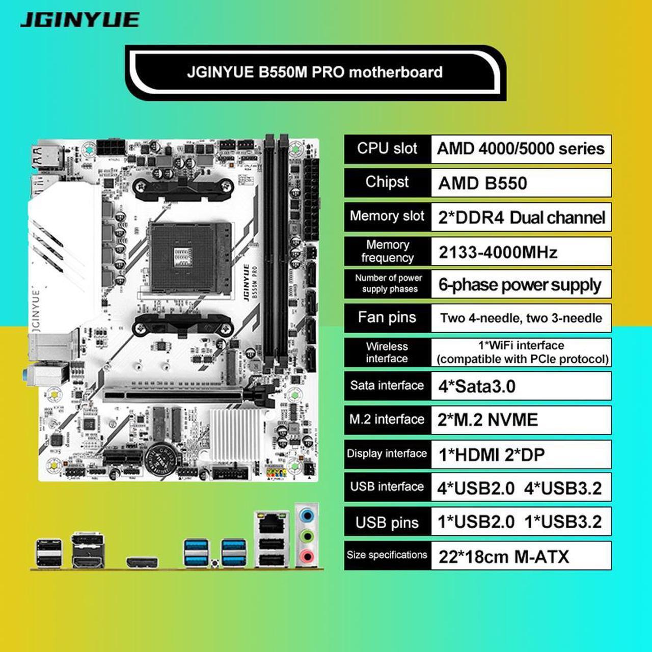 Alt view image 5 of 6 - JGINYUE B550M Pro Motherboard AMD Ryzen 4000 Series,WiFi ProSeries, AM4, DDR4 64GB, PCIe 3.0, SATA 6Gb/s, M.2, USB 3.2 Gen 2, HDMI/DP,  mATX