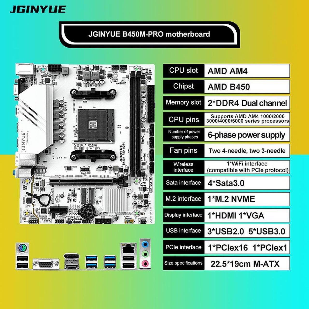 Alt view image 6 of 7 - JGINYUE B450M Pro AM4 Motherboard AMD Processor Dual-channel DDR4 Memory M.2 NVME (Supports Ryen  5500 5600 5600G CPU)