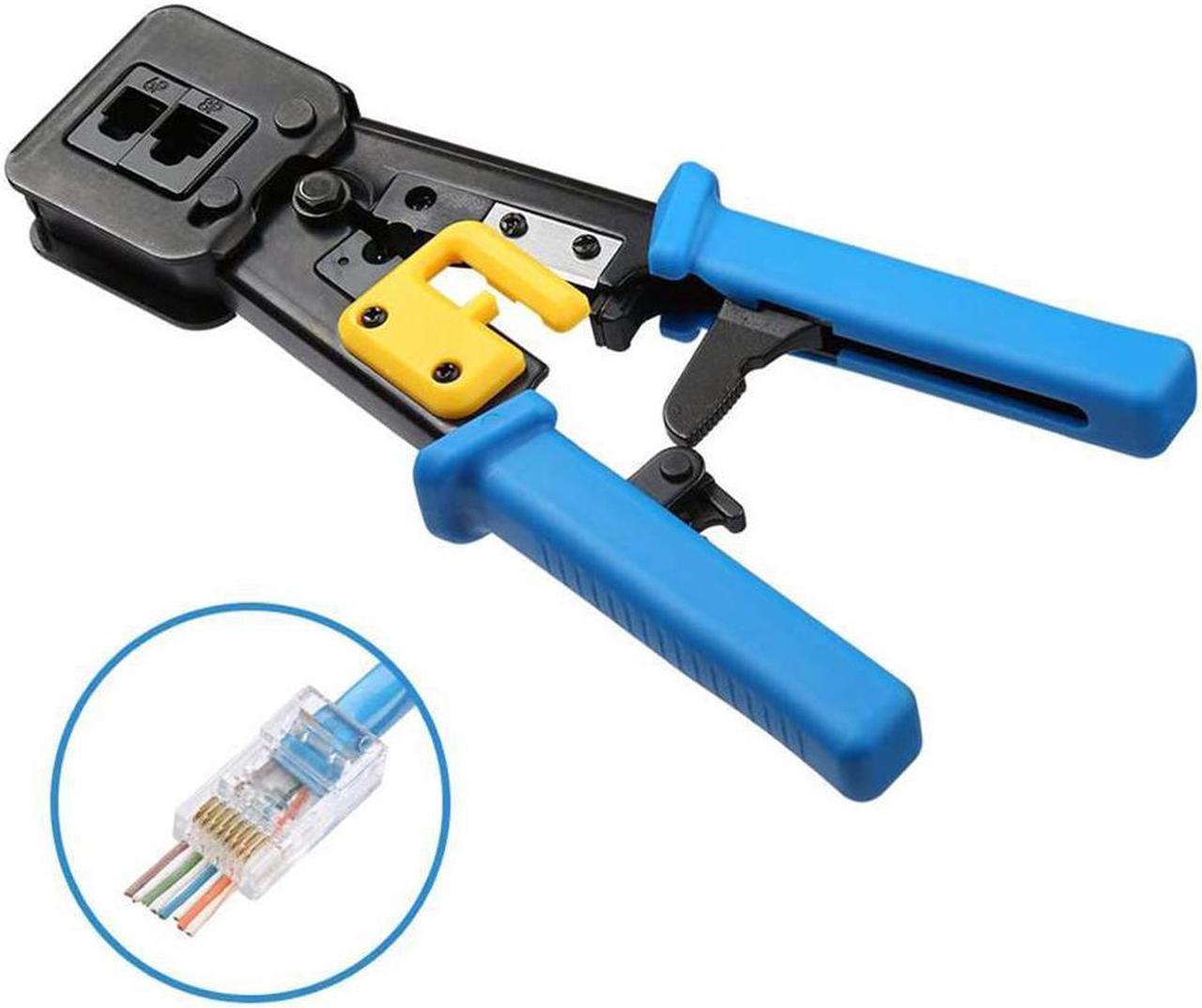 RJ45 Crimp Tool Pass Through Cat5 Cat5e Cat6 Crimping Tool for RJ45/RJ12 Regular and End-Pass-Through connectors