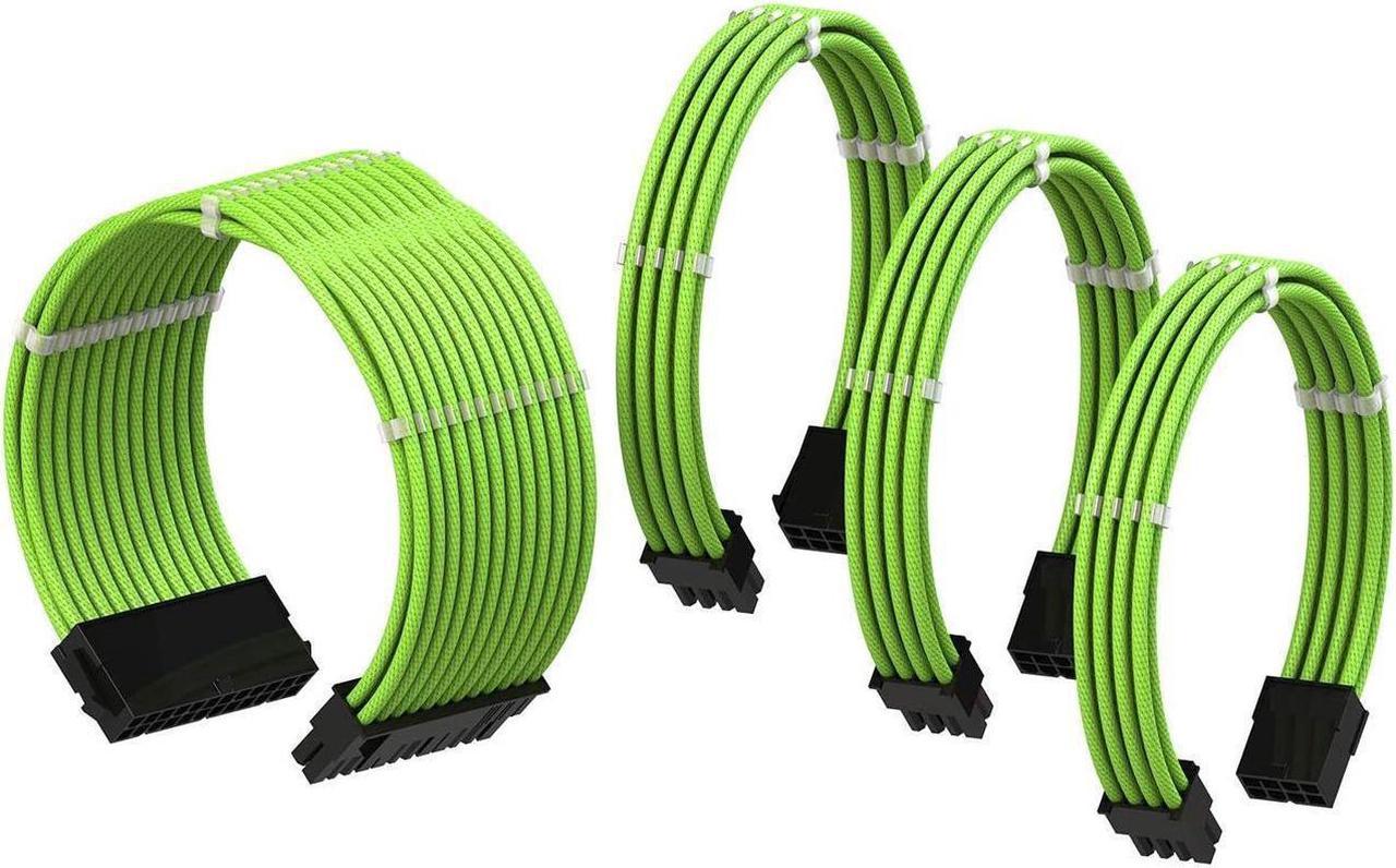 PSU Cable Extension Sleeved Custom Mod GPU PC Power Supply Braided w/Comb Kit | 1x 24 P (20+4) | 1x 8 P (4+4) CPU | 2X 8 P (6+2) GPU Set | 30CM 300MM - Green