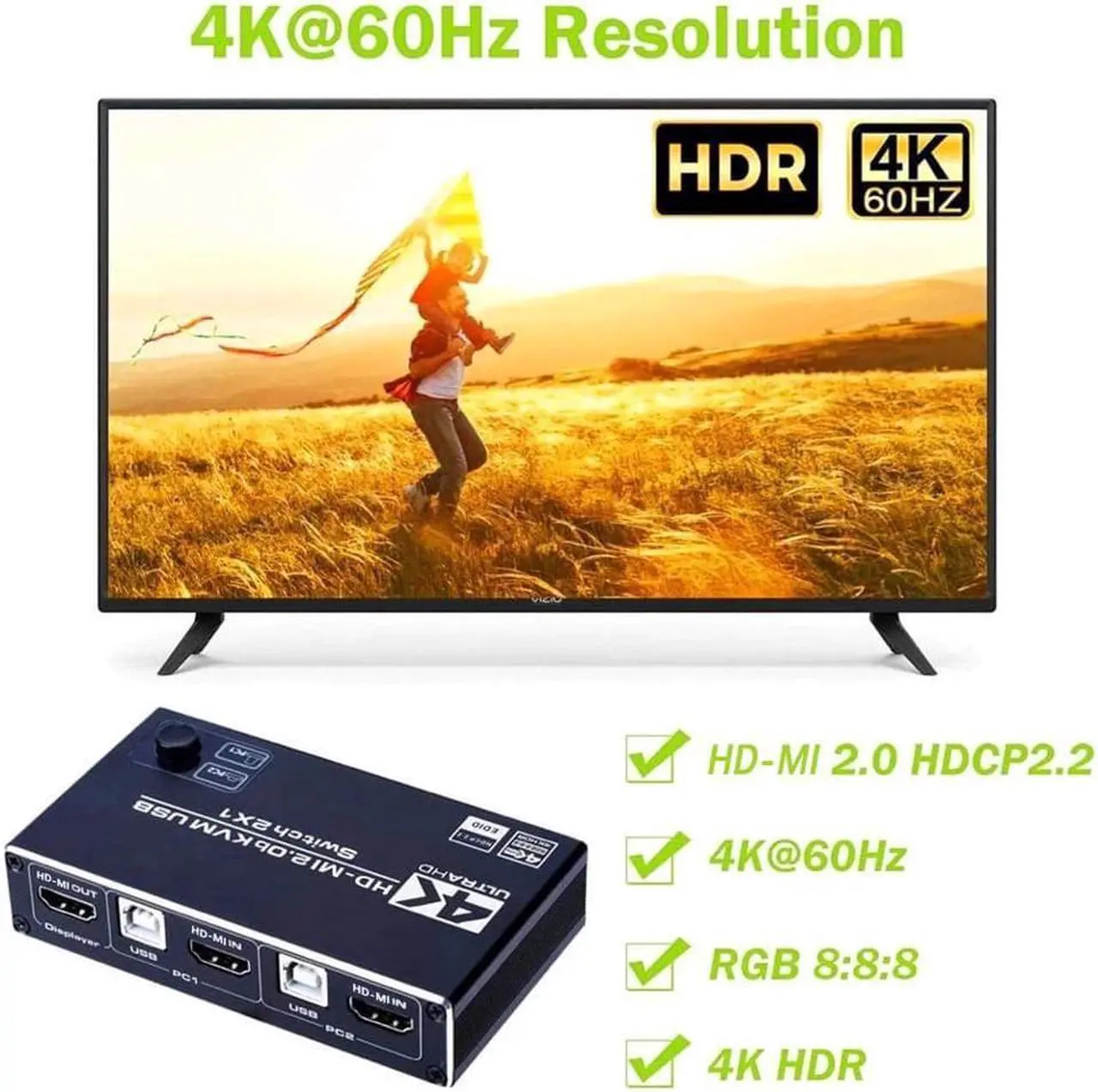 Alt view image 6 of 6 - KVM Switch Dual Monitor HDMI-compatible 2 In 1 Out KVM Switcher 4K 60Hz Ultra HD Switch Share Printer Keyboard Mouse