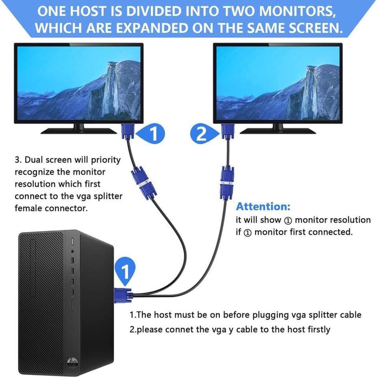 Alt view image 2 of 6 - VGA Monitor Y-Splitter Cable,VGA 1 Male to Dual 2 VGA Female Adapter Converter Video Cable for Screen Duplication - 1 Foot