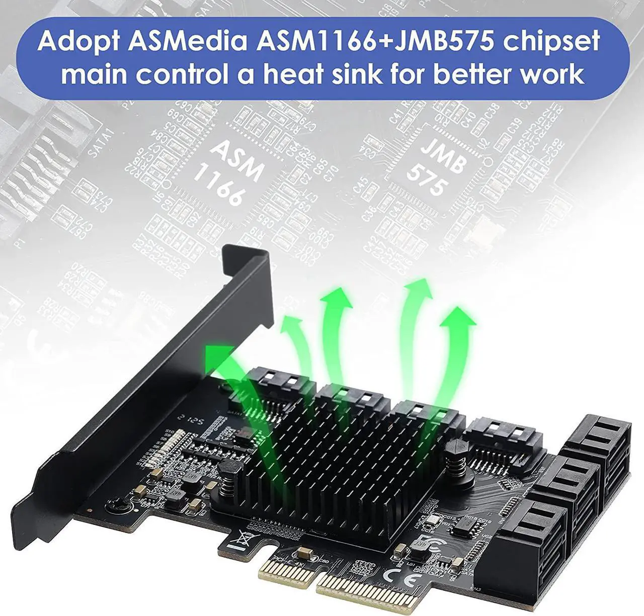 Alt view image 3 of 7 - PCIE 4X SATA Card 10 Ports,with 10 SATA Cables and Low Profile Bracket, PCIE to SATA 3.0 6 Gbps Controller, PCIE to SATA Expansion Card,SATA Controller,SATA PCIE Card,ASM1166+JMB575 Chips