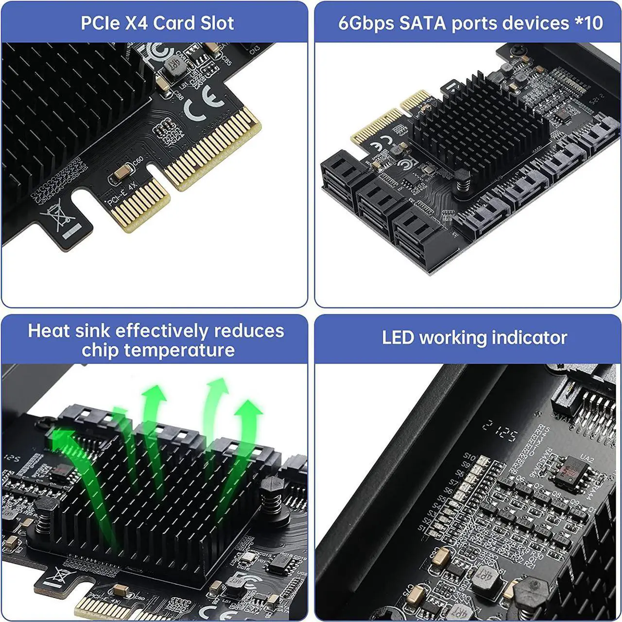 Alt view image 4 of 7 - PCIE 4X SATA Card 10 Ports,with 10 SATA Cables and Low Profile Bracket, PCIE to SATA 3.0 6 Gbps Controller, PCIE to SATA Expansion Card,SATA Controller,SATA PCIE Card,ASM1166+JMB575 Chips