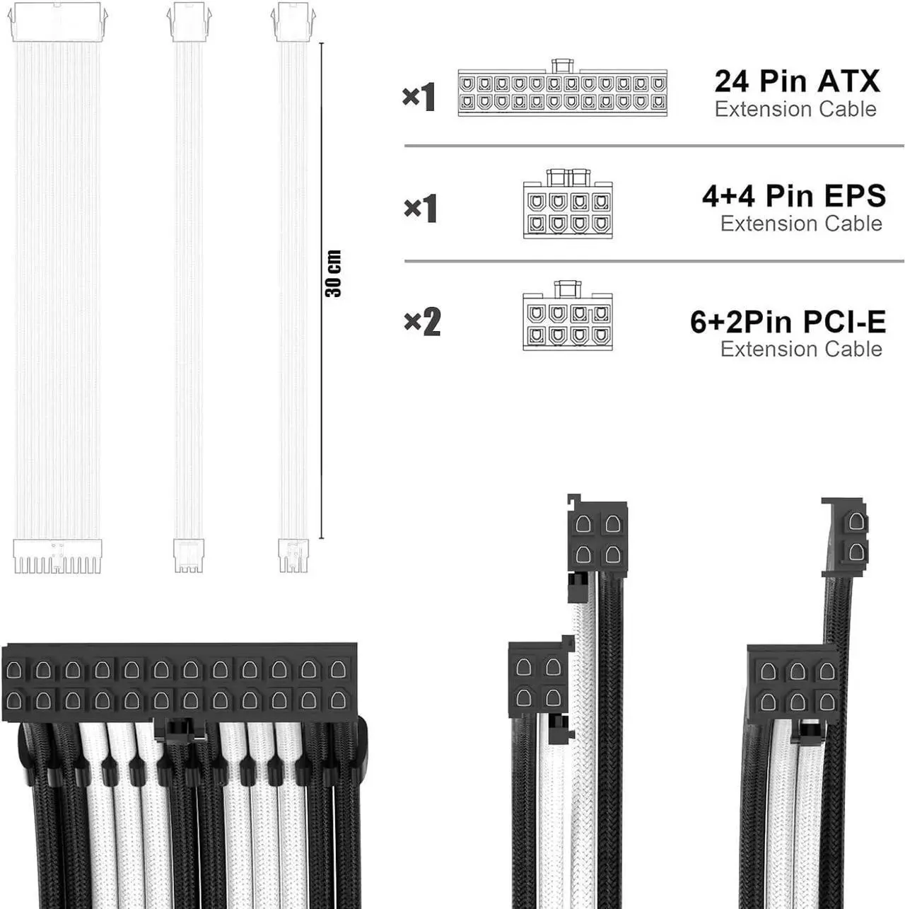 Alt view image 2 of 4 - PSU Cable Extension Kit 30CM Length with Cable Combs 1x24Pin/1x8Pin(4+4) EPS/2x8Pin(6P+2P) PCI-E/PC Sleeved Cable for ATX Power Supply(Black & White)