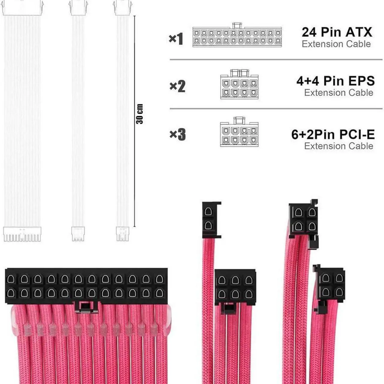 Alt view image 2 of 6 - BUCIER  PSU Extension Cable Kit Custom Sleeved Power Supply Cable Mod for PC Build 18AWG 24Pin ATX /8 (4+4) Pin EPS CPU Cable /8 (6+2) Pin PCI-E GPU PSU Cables 6PCS with Cable Comes  Pink