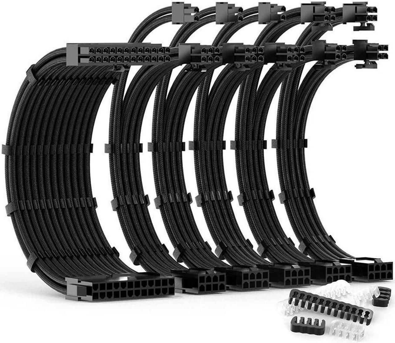 BUCIER PSU Cable Extension Kit 30CM Length with Two Sets of Cable Combs,1x24Pin/2x8Pin(4+4)/3x8Pin(6P+2P) PC Sleeved Cable for ATX Power Supply (Black)