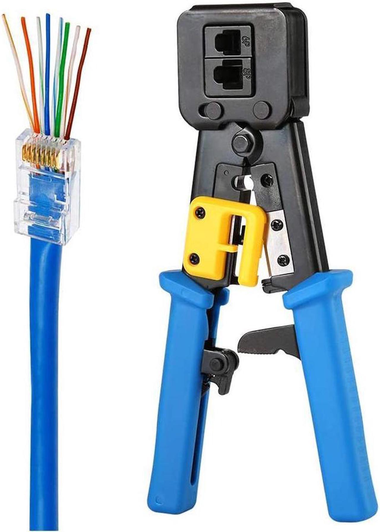 BUCIER RJ45 Crimp Tool Pass Through Cat5 Cat5e Cat6 Crimping Tool for RJ45/RJ12 Regular and End-Pass-Through connectors (Blue)