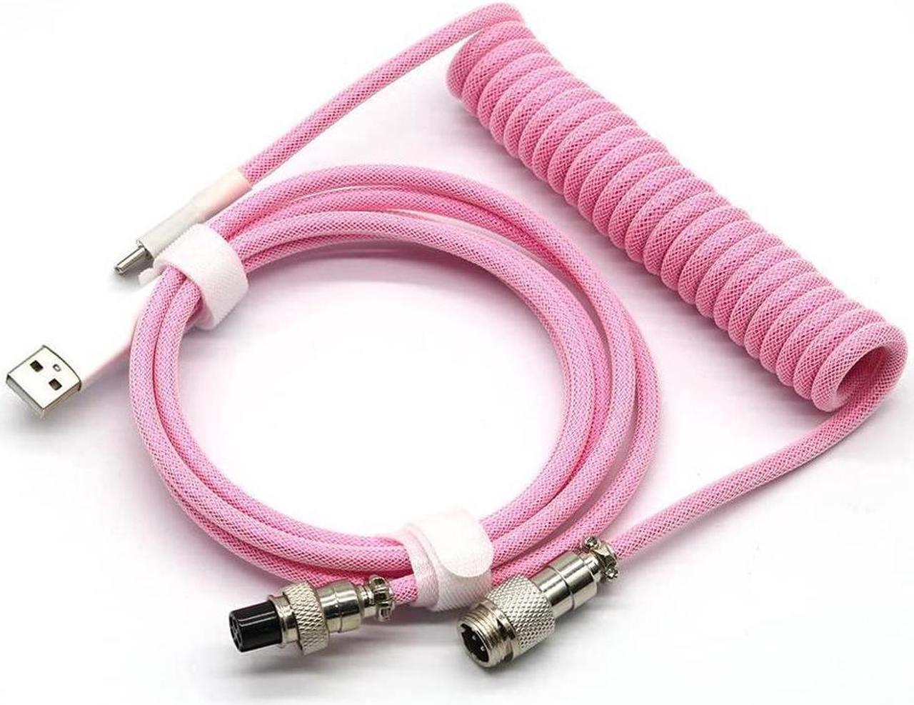 BUCIER Coiled Keyboard Cable for Gaming Mechanical Keyboard, Handwork Braided + PET Mesh, Metal Plug, with Detachable Metal Aviator Connector, 3 Meters USB C Aviator Cable (Pink)