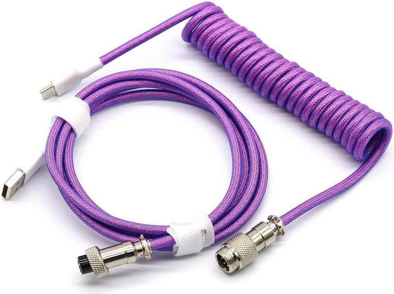 BUCIER Coiled Keyboard Cable for Gaming Mechanical Keyboard, Handwork Braided + PET Mesh, Metal Plug, with Detachable Metal Aviator Connector, 3 Meters USB C Aviator Cable (Purple)