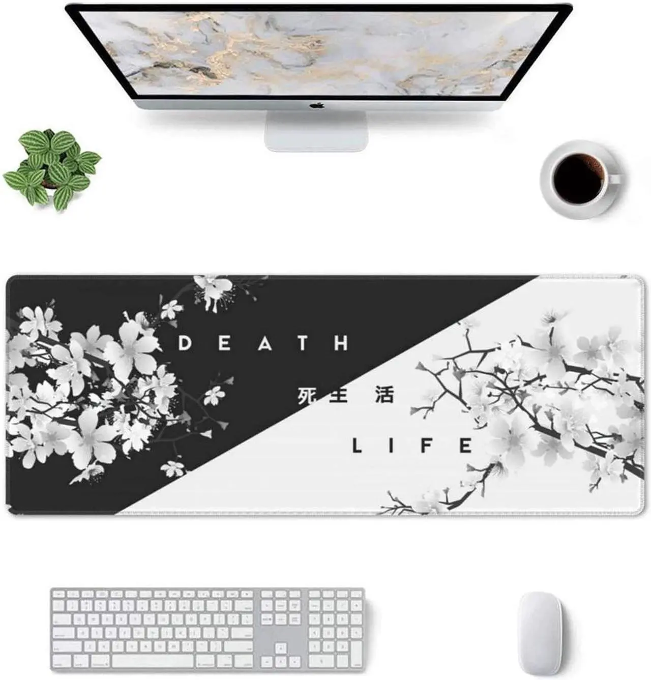 Alt view image 4 of 7 - BUCIER Black and White Cherry Blossom Gaming Mouse Pad XL Extended Large Mouse Mat Desk Pad Stitched Edges Mousepad Long Non-Slip Rubber Base Mice Pad 31.5 X 11.8 Inch