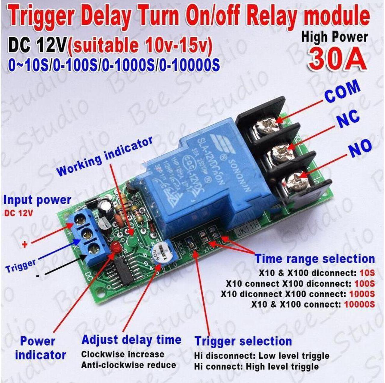 BUCIER DC12V Trigger Delay Timer Switch Turn ON/Off Relay Module High Power 30A PLC