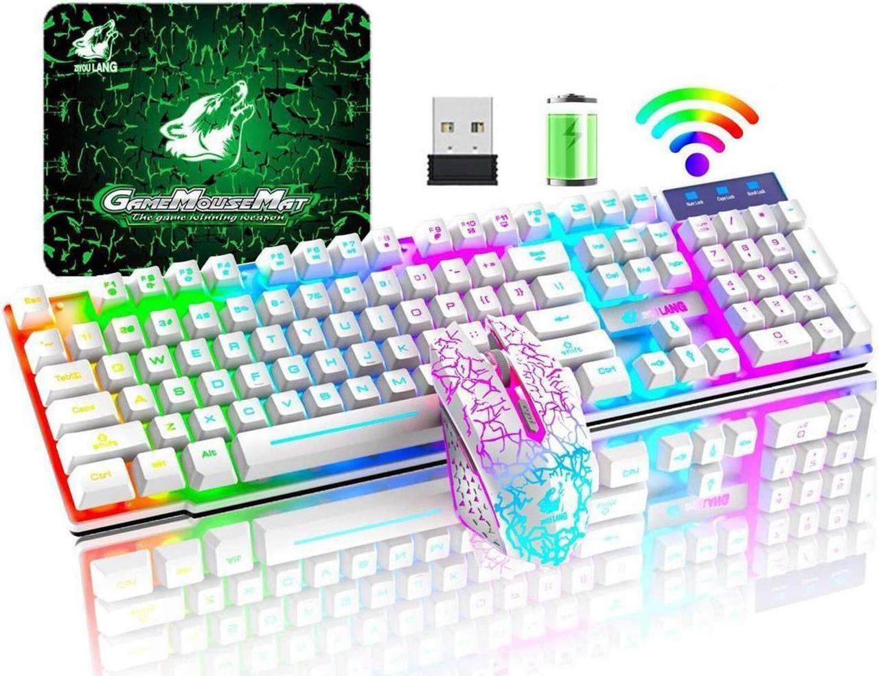 BUCIER Wireless gaming keyboard and mouse combination, with rainbow LED backlight, rechargeable waterproof mechanical dustproof 7-color backlight, suitable for laptops, PC gamers