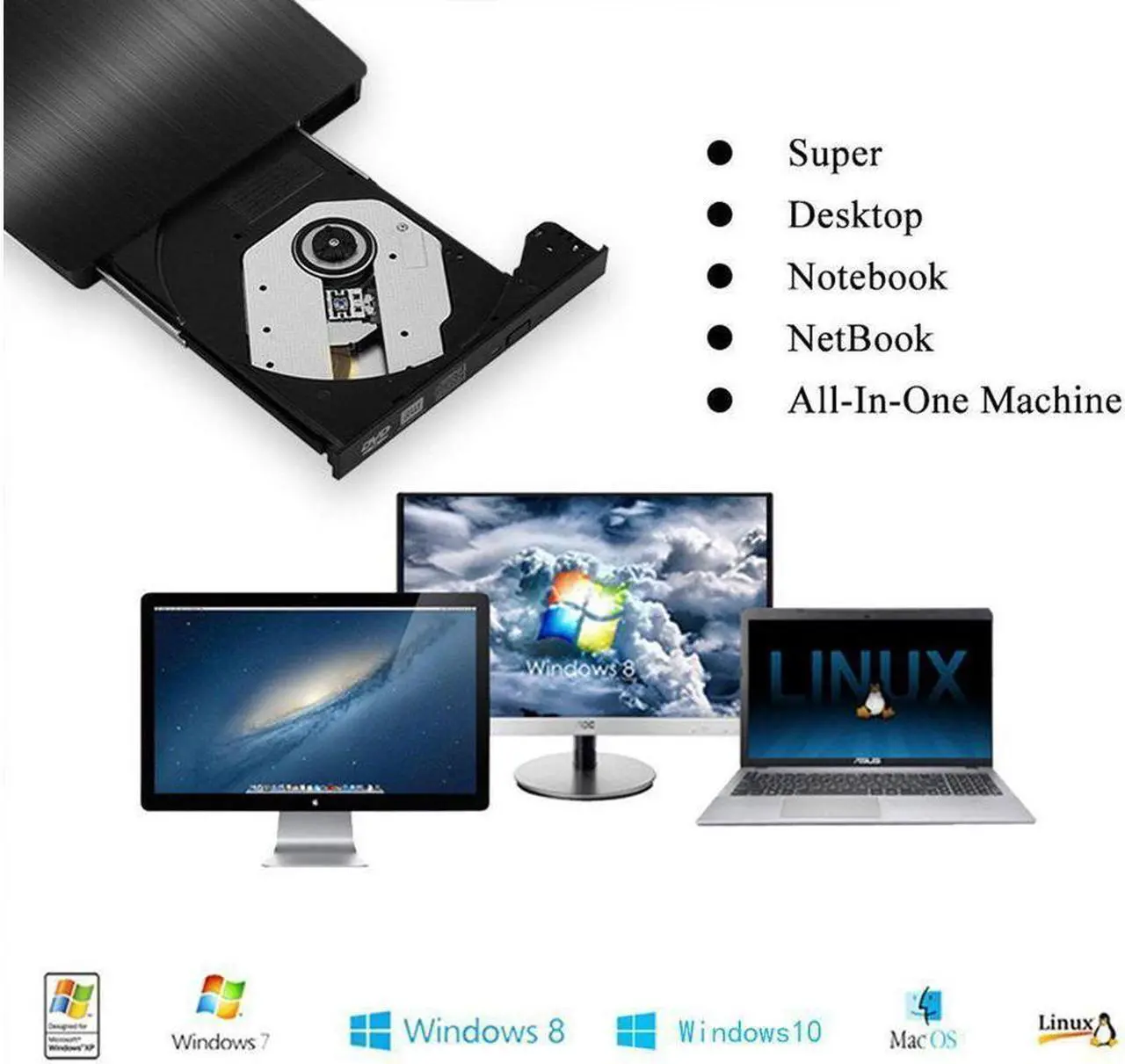 Alt view image 4 of 6 - BUCIER External CD Drive, USB 3.0 Portable CD/DVD +/-RW Drive Slim DVD/CD ROM Rewriter Burner Superdrive High Speed Data Transfer for Laptop Desktop PC Windows and Linux OS Apple Mac