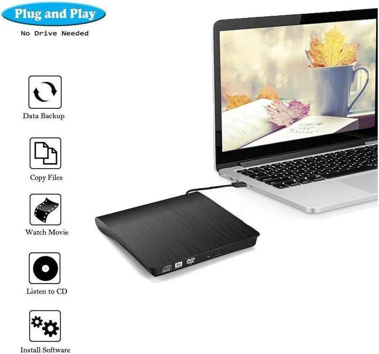 Alt view image 2 of 6 - BUCIER External CD Drive, USB 3.0 Portable CD/DVD +/-RW Drive Slim DVD/CD ROM Rewriter Burner Superdrive High Speed Data Transfer for Laptop Desktop PC Windows and Linux OS Apple Mac