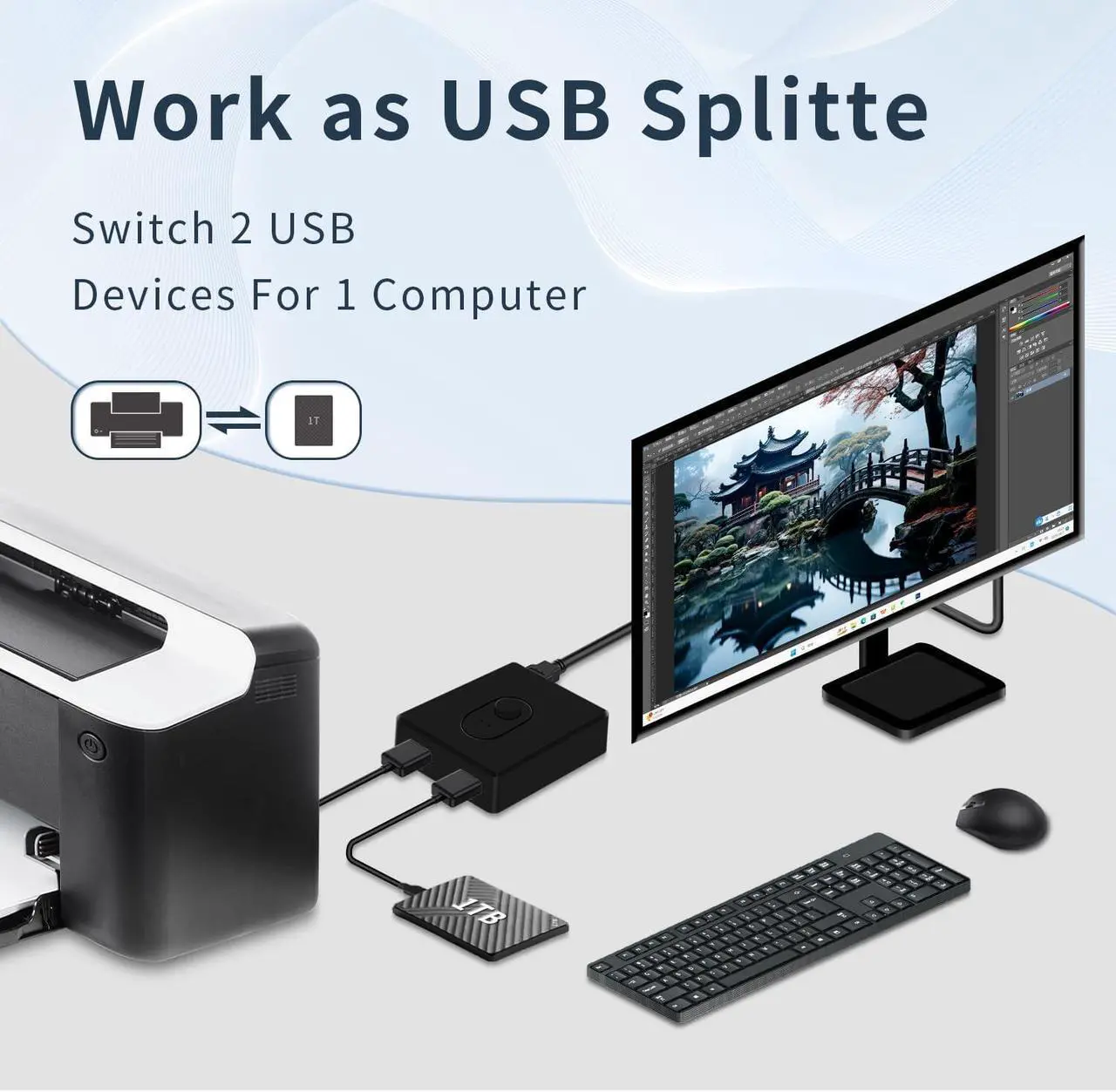 Alt view image 6 of 7 - BUCIER USB Switcher 2 in 1 Out(1 in 2 Out) Bi-Directional,USB 3.0 Switch Selector,Keyboard Mouse Switcher,USB Switcher 2 Computers Share 1 Device for Printer,Keyboard, USB Switch with 2pcs USB Cables