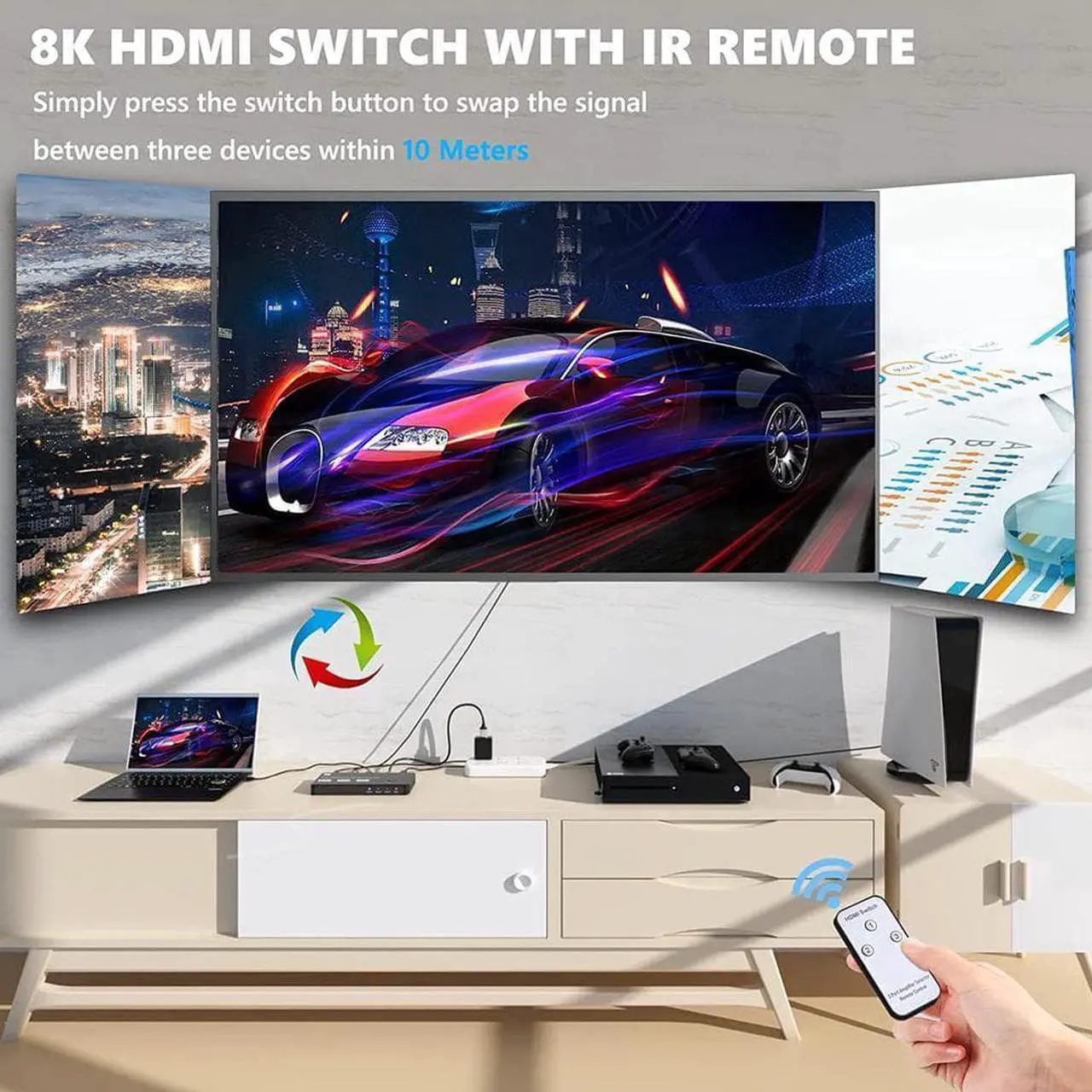 Alt view image 6 of 7 - BUCIER Aluminum Shell HDMI 2.1 Switch 8K Directional 8K@60Hz 4K@120Hz 1440P@165Hz 1080P@240Hz 3in 1out High Speed 48Gbps eARC Converter with Remote Control Compatible with Xbox X PS5