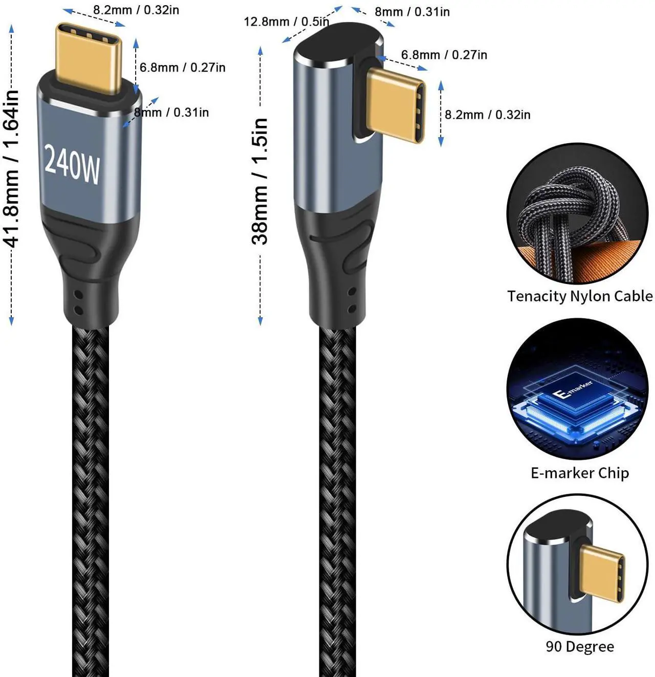 Alt view image 5 of 7 - BUCIER USB C Cable Right Angle Short, 1.5ft 240W USB C to USB C Cable, 90 Degree USB C Charger Cable Fast Charging Type C to Type C Cable Compatible with MacBook & iPad Pro & Samsung