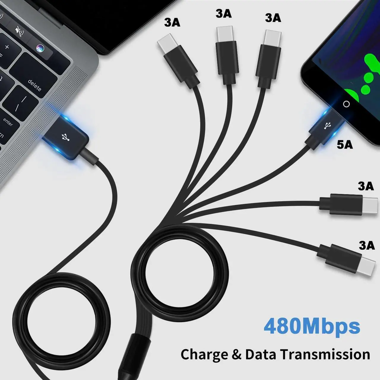 Alt view image 2 of 7 - BUCIER USB C Splitter Cable - 6 in 1 USB 2.0 Type A to 6 Type-C Male Charger Cable with 3A Fast Charge for Android, Samsung, Tablet, 1.64ft
