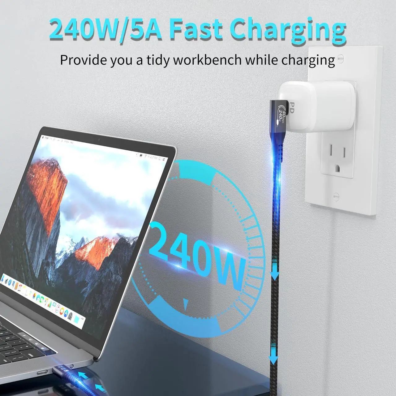 Alt view image 3 of 7 - USB4 Cable, with Thunderbolt 4 Cable, 240W Charging Cable, 40 Gbps Data Cable, 8K @ 60Hz HDR, USB C to USB C Cable, 90Degree for Hub, Dock MacBook, M2, M3, Mac SSD (90Degree USB4 40G 240W 0.5M) black