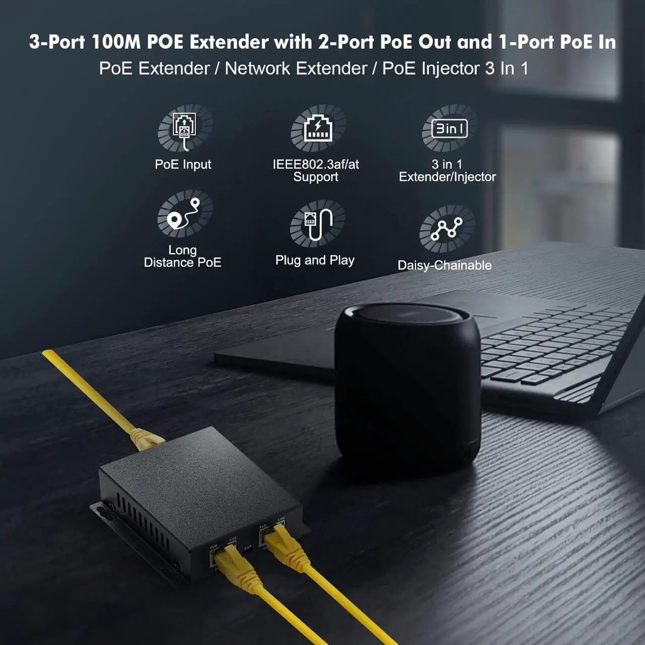 Alt view image 2 of 7 - BUCIER PoE Extender Passthrough Switch, 1 PoE in 2 PoE Out, IEEE802.3af/at PoE Powered, 10/100Mbps Ethernet, Metal Small Wall Mount PoE Extender/Injector/Network Extender
