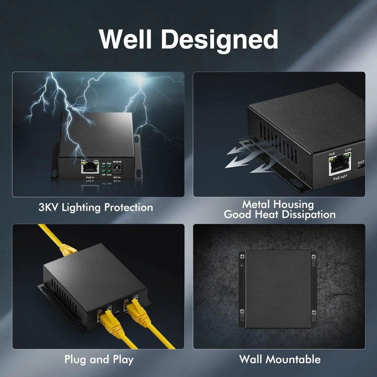Alt view image 5 of 7 - BUCIER PoE Extender Passthrough Switch, 1 PoE in 2 PoE Out, IEEE802.3af/at PoE Powered, 10/100Mbps Ethernet, Metal Small Wall Mount PoE Extender/Injector/Network Extender
