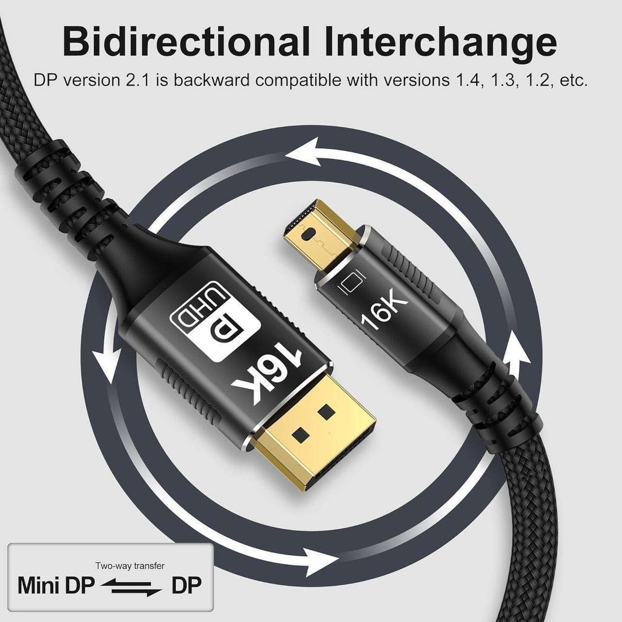 Alt view image 4 of 7 - Mini DisplayPort to DisplayPort 2.1 Cable, Mini DP to DP Cord Supports 16K@60Hz/ 8K@120Hz/ 4K@240Hz Display, Bi-Directional, HDR for Apple MacBook, Doesnt Work with Thunderbolt 3/4/5 Ports (3.3 ft)