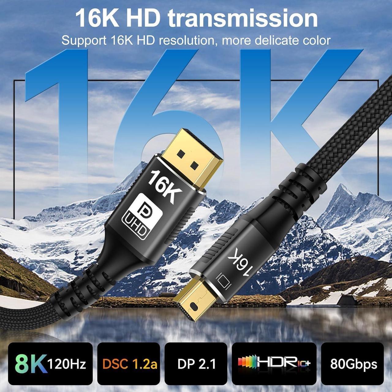 Alt view image 3 of 7 - Mini DisplayPort to DisplayPort 2.1 Cable, Mini DP to DP Cord Supports 16K@60Hz/ 8K@120Hz/ 4K@240Hz Display, Bi-Directional, HDR for Apple MacBook, Doesnt Work with Thunderbolt 3/4/5 Ports (3.3 ft)