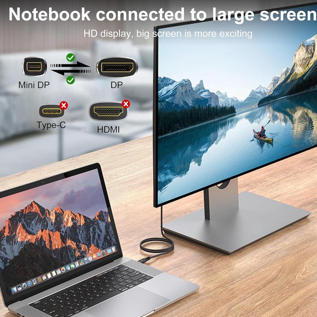 Alt view image 2 of 7 - Mini DisplayPort to DisplayPort 2.1 Cable, Mini DP to DP Cord Supports 16K@60Hz/ 8K@120Hz/ 4K@240Hz Display, Bi-Directional, HDR for Apple MacBook, Doesnt Work with Thunderbolt 3/4/5 Ports (3.3 ft)
