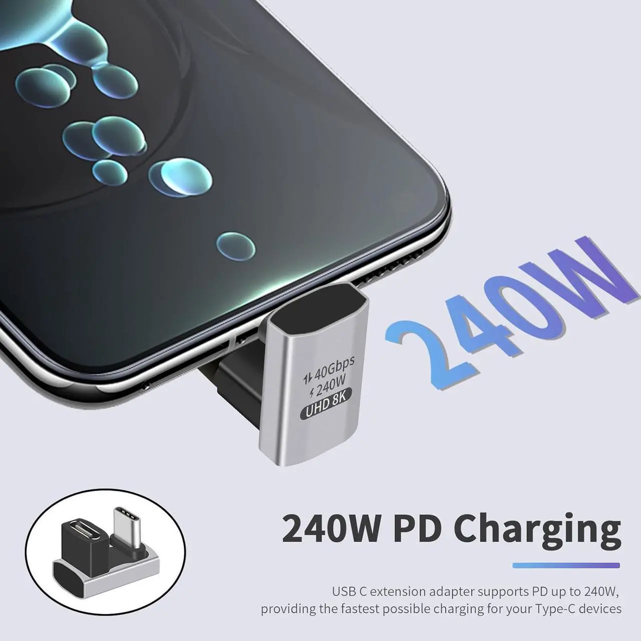 Alt view image 3 of 7 - BUCIER USB C 180 Degree Adapter 240W PD, 8K@60Hz, 40Gbps,180 Degree USB C Female to Male Adapter Connector for ROG Ally, Steam Deck, Switch, Laptop, Tablet, Phone and More 2 Pack