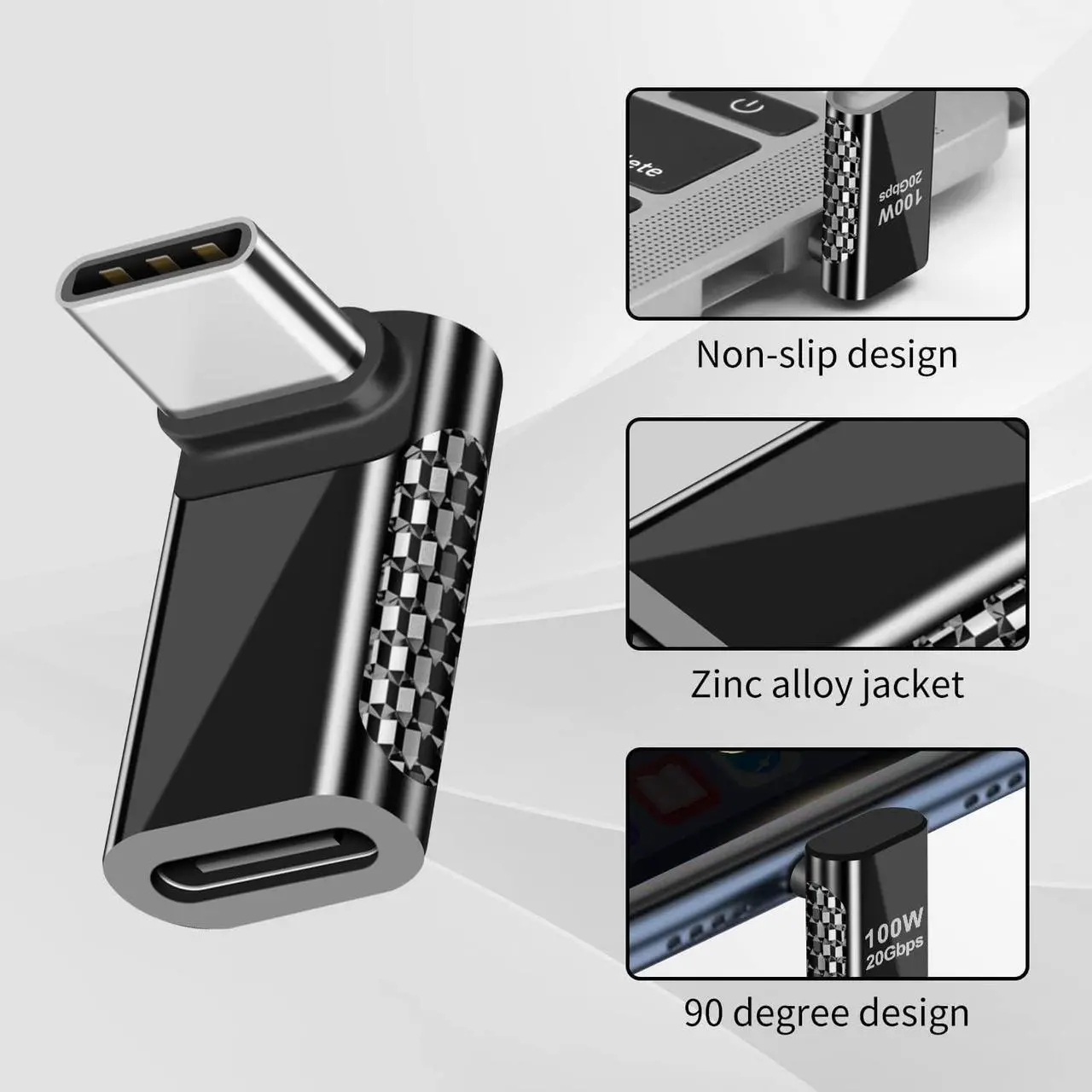 Alt view image 4 of 6 - BUCIER USB C Right Angle Adapter 20Gbps, 90 Degree USB C Adapter Male to Female Extender Adapter, Zinc Alloy Material Support PD100W Fast Charger for MacBook Pro, Mobile Phone, Tablet (2 Pack)