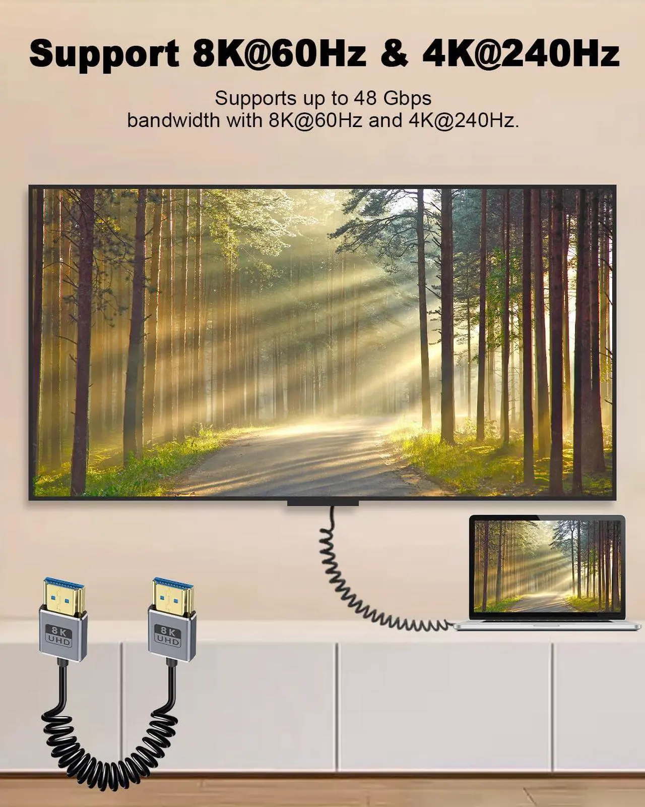 Alt view image 6 of 7 - BUCIER Coaxial 8K Coiled HDMI Cable, Extreme Thin HDMI to HDMI 2.1 Cable [8K@60Hz, 4K@240Hz, 48Gbps] Short HDMI Cable for Camera Monitors, PS5, Roku, BluRay TV 1-2Ft