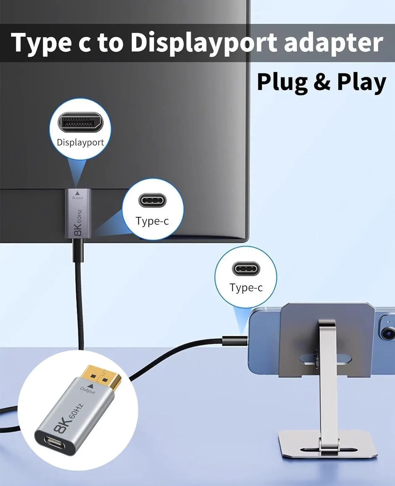 Alt view image 2 of 7 - BUCIER 8K USB C to Displayport 1.4 Adapter 1 Pack, (Uni-Directional) USB C Female to DP Male Adapter Compatible with iPhone 16 Pro Max, Galaxy S24, MacBook Pro/Air, iPad, XPS Grey