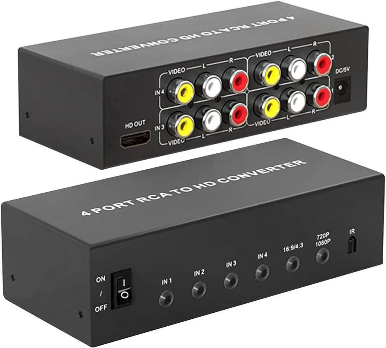 Main image of BUCIER 4 Port AV to HDMI Converter 1080P, Fit for RCA/Composite/CVBS to HDMI Converter Adapter, Support 16:9/4:3 Switch, Compatible with Wii N64 PS1 PS2 PS3 VHS VCR DVD Players etc (with Remote)