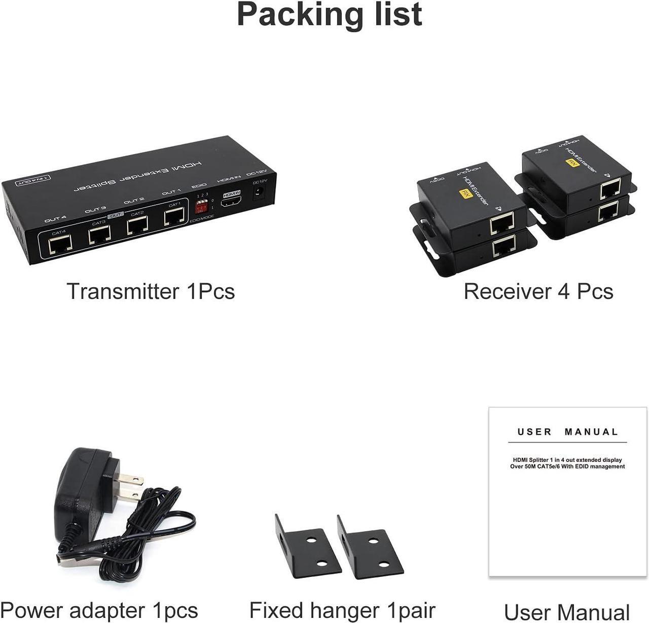 Alt view image 7 of 7 - BUCIER HDMI Extender Splitter Up to 165ft 1 in 4 Out Over Cat5e or 6 or 7 Repeater Balun Ethernet Sender Transmitter Receiver Support 1080p EDID Presets POC is Only Need TX Power for Work