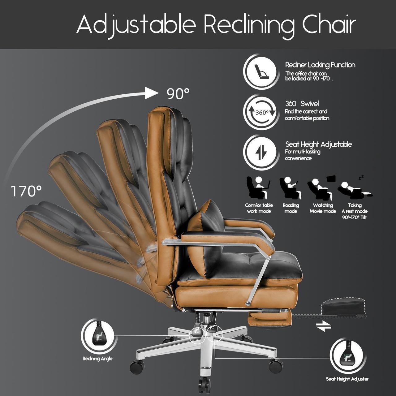 Alt view image 5 of 7 - DualThunder Reclining Office Chair with Footrest O203, Big and Tall Office Chair 500lbs Wide Seat with 170° Backrest, High Back Large Executive Office Chair,Black Pu Leather Desk Chair