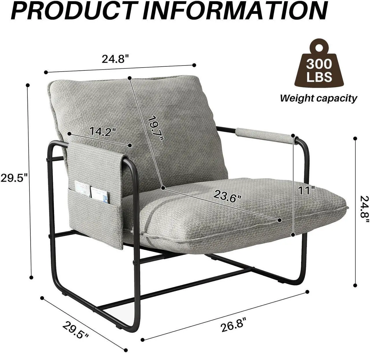 Alt view image 7 of 7 - Ninecer Sling Accent Chair Set of 2, Metal Framed Armchair with Removable Storage Bag, Upholstered Living Room Chairs, Beige Lounge Chair