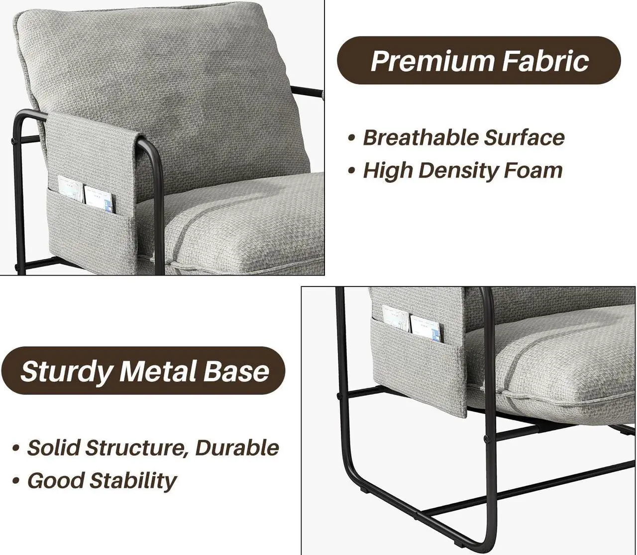 Alt view image 6 of 7 - Ninecer Sling Accent Chair Set of 2, Metal Framed Armchair with Removable Storage Bag, Upholstered Living Room Chairs, Beige Lounge Chair