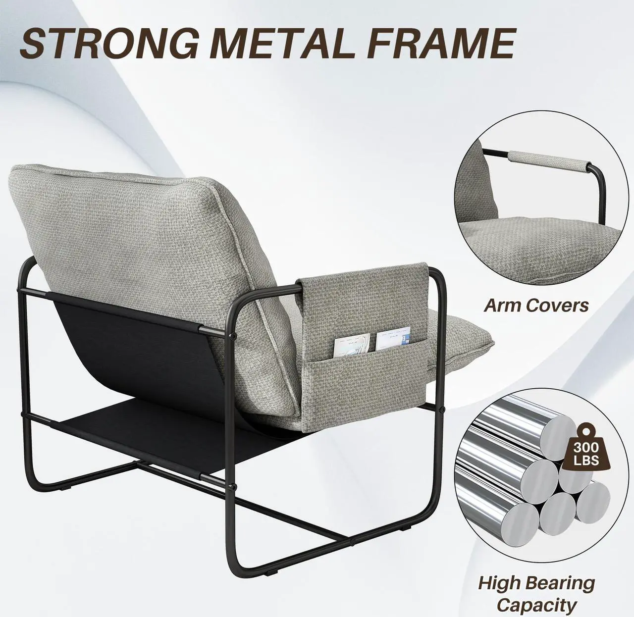 Alt view image 4 of 7 - Ninecer Sling Accent Chair Set of 2, Metal Framed Armchair with Removable Storage Bag, Upholstered Living Room Chairs, Beige Lounge Chair