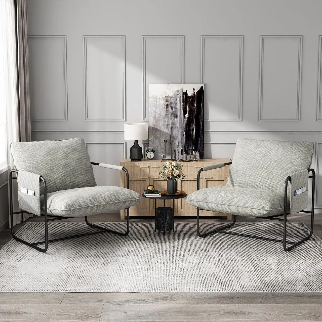 Main image of Ninecer Sling Accent Chair Set of 2, Metal Framed Armchair with Removable Storage Bag, Upholstered Living Room Chairs, Beige Lounge Chair