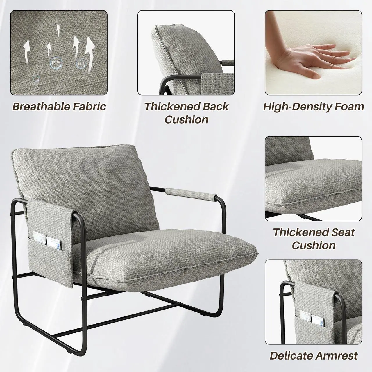 Alt view image 3 of 7 - Ninecer Sling Accent Chair Set of 2, Metal Framed Armchair with Removable Storage Bag, Upholstered Living Room Chairs, Beige Lounge Chair